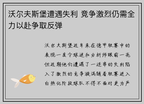 沃尔夫斯堡遭遇失利 竞争激烈仍需全力以赴争取反弹
